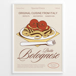 Indlæs billede til gallerivisning Illustrated poster of pasta bolognese with tomatoes and fork, featuring the text “Original Cuisine from Italy – Pasta Bolognese,” framed in black on a beige background.
