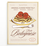 Indlæs billede til gallerivisning Illustrated poster of pasta bolognese with tomatoes and fork, featuring the text “Original Cuisine from Italy – Pasta Bolognese,” framed in black on a beige background.
