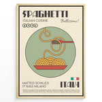 Indlæs billede til gallerivisning Vintage Italian spaghetti poster showing a bowl of noodles and fork with the text “Spaghetti Italian Cuisine Bellissimo,” framed in black on a beige background.
