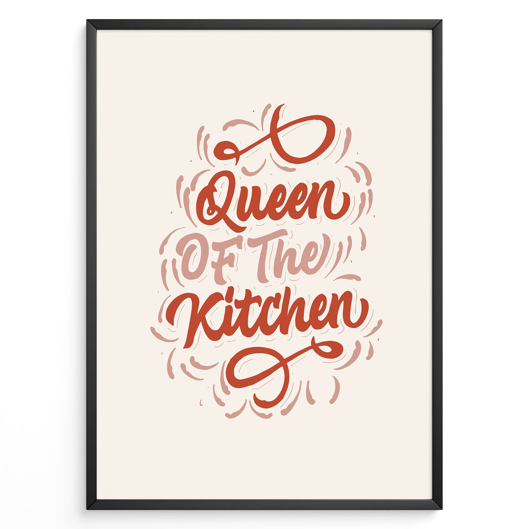 Typography wall art with the quote “Queen of the Kitchen” in red cursive lettering on a beige background, framed in black.