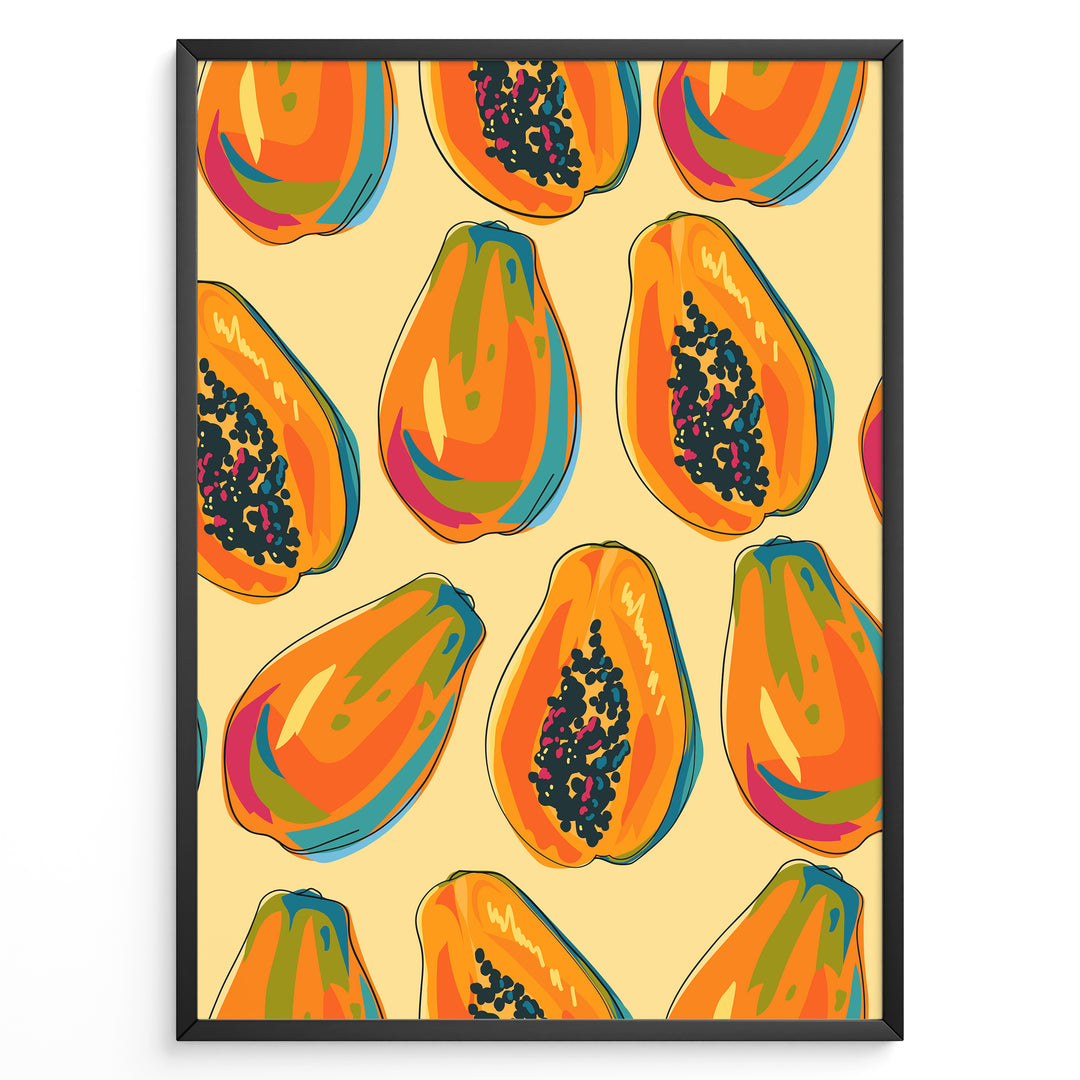 Colorful papaya pattern poster with whole and halved papayas in orange, green, and yellow tones on a beige background, framed in black for tropical kitchen wall décor.