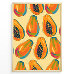 Indlæs billede til gallerivisning Colorful papaya pattern poster with whole and halved papayas in orange, green, and yellow tones on a beige background, framed in golden for tropical kitchen wall décor.
