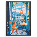 Indlæs billede til gallerivisning Colorful Paris balcony art print plakat with a dog sitting on a chair beside coffee cups and Eiffel Tower in the background.
