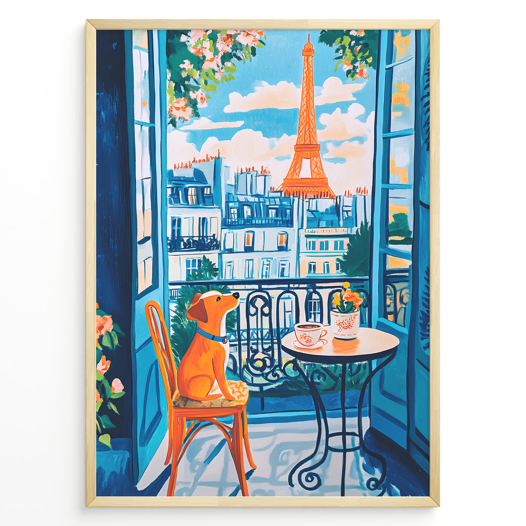 Colorful Paris balcony art print plakat with a dog sitting on a chair beside coffee cups and Eiffel Tower in the background.