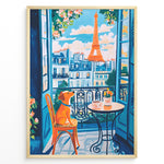Indlæs billede til gallerivisning Colorful Paris balcony art print plakat with a dog sitting on a chair beside coffee cups and Eiffel Tower in the background.
