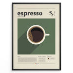 Indlæs billede til gallerivisning Minimalist espresso coffee poster with a top view of a coffee cup on a green background, modern typography, and Italian map design, ideal for kitchen or café wall décor.
