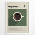 Indlæs billede til gallerivisning Minimalist espresso coffee poster with a top view of a coffee cup on a green background, modern typography, and Italian map design, ideal for kitchen or café wall décor.
