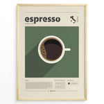 Indlæs billede til gallerivisning Minimalist espresso coffee poster with a top view of a coffee cup on a green background, modern typography, and Italian map design, ideal for kitchen or café wall décor.
