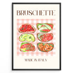 Indlæs billede til gallerivisning Italian bruschetta poster with six watercolor toasts featuring tomato, avocado, salmon, and shrimp toppings on a pink checkered tablecloth background, titled “Made in Italy.”
