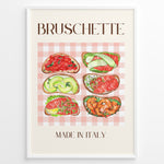Indlæs billede til gallerivisning Italian bruschetta poster with six watercolor toasts featuring tomato, avocado, salmon, and shrimp toppings on a pink checkered tablecloth background, titled “Made in Italy.”
