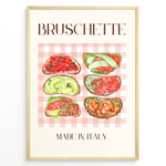 Indlæs billede til gallerivisning Italian bruschetta poster with six watercolor toasts featuring tomato, avocado, salmon, and shrimp toppings on a pink checkered tablecloth background, titled “Made in Italy.”
