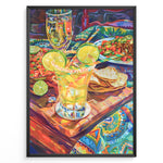 Indlæs billede til gallerivisning Colorful margarita cocktail poster with lime garnish, nachos, and Mexican food on a bright patterned tablecloth, perfect for lively kitchen, dining, or bar wall décor.
