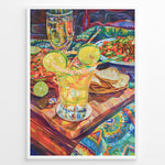 Indlæs billede til gallerivisning Colorful margarita cocktail poster with lime garnish, nachos, and Mexican food on a bright patterned tablecloth, perfect for lively kitchen, dining, or bar wall décor.
