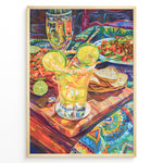 Indlæs billede til gallerivisning Colorful margarita cocktail poster with lime garnish, nachos, and Mexican food on a bright patterned tablecloth, perfect for lively kitchen, dining, or bar wall décor.
