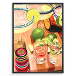 Indlæs billede til gallerivisning Colorful margarita cocktail poster with lime slices, tequila shots, and vibrant bar accessories on a wooden counter, ideal for kitchen or home bar wall décor.
