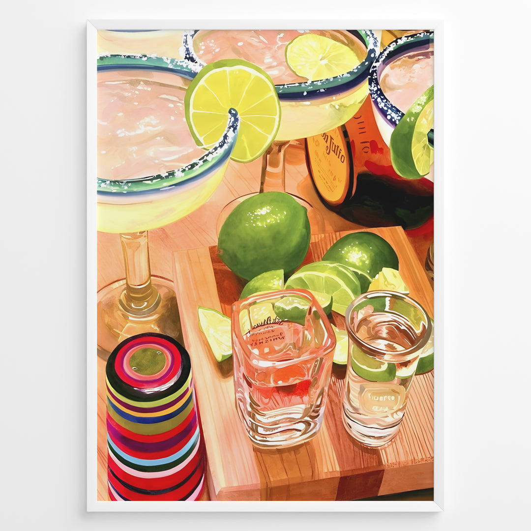 Colorful margarita cocktail poster with lime slices, tequila shots, and vibrant bar accessories on a wooden counter, ideal for kitchen or home bar wall décor.