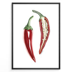 Indlæs billede til gallerivisning Minimalist red chili pepper plakat illustration showing whole and sliced chili with seeds, framed in black, ideal for modern kitchen or dining room wall art.
