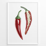Indlæs billede til gallerivisning Minimalist red chili pepper plakat illustration showing whole and sliced chili with seeds, framed in black, ideal for modern kitchen or dining room wall art.
