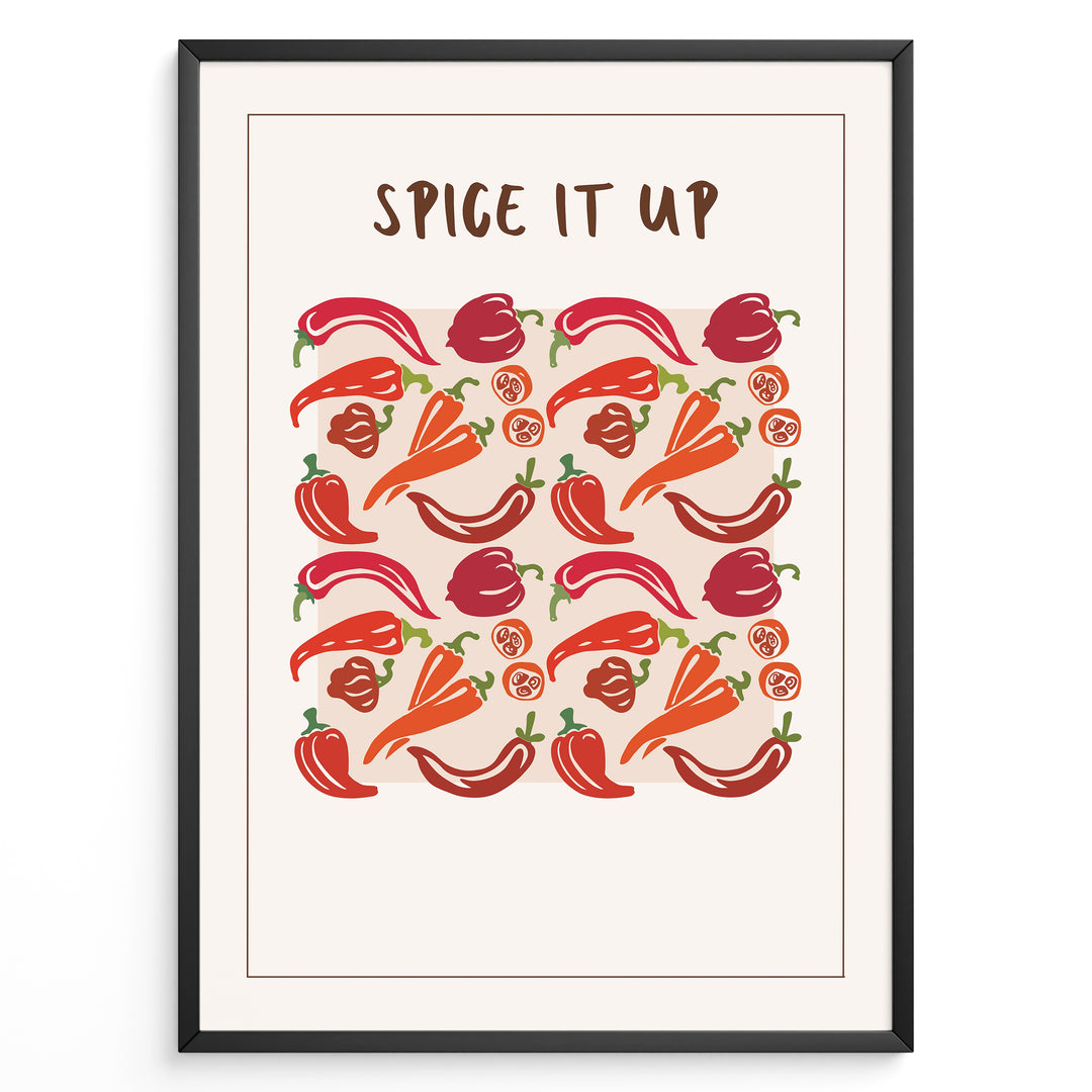 Colorful “Spice It Up” kitchen wall art  plakatwith illustrated chili peppers, carrots, and bell peppers, framed in black, ideal for modern kitchen or dining room décor.