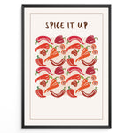 Indlæs billede til gallerivisning Colorful “Spice It Up” kitchen wall art  plakatwith illustrated chili peppers, carrots, and bell peppers, framed in black, ideal for modern kitchen or dining room décor.
