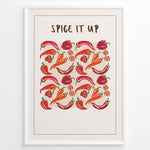 Indlæs billede til gallerivisning Colorful “Spice It Up” kitchen wall art  plakatwith illustrated chili peppers, carrots, and bell peppers, framed in black, ideal for modern kitchen or dining room décor.
