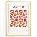 Indlæs billede til gallerivisning Colorful “Spice It Up” kitchen wall art  plakatwith illustrated chili peppers, carrots, and bell peppers, framed in black, ideal for modern kitchen or dining room décor.

