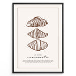 Indlæs billede til gallerivisning Minimalist French croissant plakat illustration with “Le Matin Croissants” text, framed in black, ideal for bakery, kitchen, or café wall décor.
