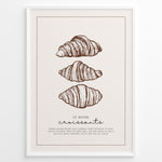 Indlæs billede til gallerivisning Minimalist French croissant plakat illustration with “Le Matin Croissants” text, framed in black, ideal for bakery, kitchen, or café wall décor.
