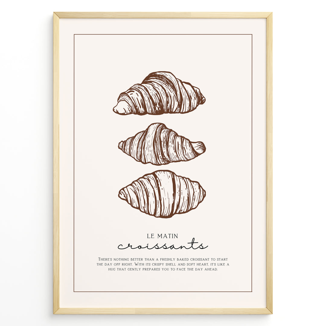 Minimalist French croissant plakat illustration with “Le Matin Croissants” text, framed in black, ideal for bakery, kitchen, or café wall décor.