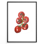 Indlæs billede til gallerivisning Watercolor illustration of ripe red tomatoes on a vine with green stems, framed in black, ideal for adding a fresh and modern touch to kitchen or dining room décor.
