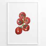 Indlæs billede til gallerivisning Watercolor illustration of ripe red tomatoes on a vine with green stems, framed in black, ideal for adding a fresh and modern touch to kitchen or dining room décor.
