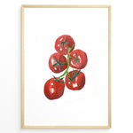 Indlæs billede til gallerivisning Watercolor illustration of ripe red tomatoes on a vine with green stems, framed in black, ideal for adding a fresh and modern touch to kitchen or dining room décor.
