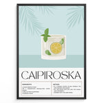 Indlæs billede til gallerivisning Minimalist Caipiroska cocktail recipe poster with a lime and mint drink illustration on a blue background, framed in black, ideal for kitchen or home bar wall décor.
