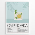 Indlæs billede til gallerivisning Minimalist Caipiroska cocktail recipe poster with a lime and mint drink illustration on a blue background, framed in black, ideal for kitchen or home bar wall décor.
