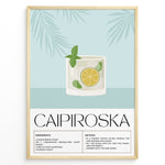 Indlæs billede til gallerivisning Minimalist Caipiroska cocktail recipe poster with a lime and mint drink illustration on a blue background, framed in black, ideal for kitchen or home bar wall décor.
