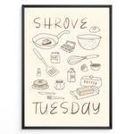Indlæs billede til gallerivisning Minimalist Shrove Tuesday poster with illustrated kitchen ingredients like pancakes, eggs, flour, and butter, framed in black, ideal for cozy kitchen or café wall décor.

