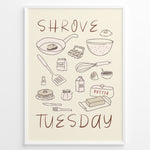 Indlæs billede til gallerivisning Minimalist Shrove Tuesday poster with illustrated kitchen ingredients like pancakes, eggs, flour, and butter, framed in black, ideal for cozy kitchen or café wall décor.
