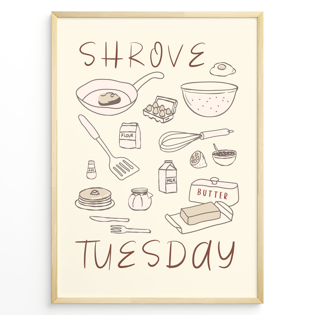 Minimalist Shrove Tuesday poster with illustrated kitchen ingredients like pancakes, eggs, flour, and butter, framed in black, ideal for cozy kitchen or café wall décor.