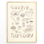 Indlæs billede til gallerivisning Minimalist Shrove Tuesday poster with illustrated kitchen ingredients like pancakes, eggs, flour, and butter, framed in black, ideal for cozy kitchen or café wall décor.
