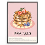 Indlæs billede til gallerivisning Illustrated pancakes wall art with syrup, strawberries, and blueberries on a pink background, framed in black, ideal for kitchen or breakfast nook decoration.

