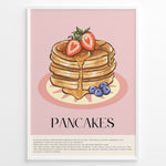 Indlæs billede til gallerivisning Illustrated pancakes wall art with syrup, strawberries, and blueberries on a pink background, framed in black, ideal for kitchen or breakfast nook decoration.
