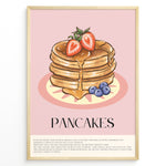 Indlæs billede til gallerivisning Illustrated pancakes wall art with syrup, strawberries, and blueberries on a pink background, framed in black, ideal for kitchen or breakfast nook decoration.
