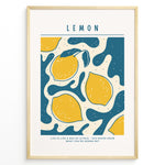 Indlæs billede til gallerivisning Modern lemon art print plakat with yellow lemons and teal abstract shapes, text reading “Life is like a box of citrus – you never know what you’re gonna get,” framed in golden.
