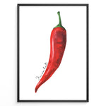 Indlæs billede til gallerivisning Watercolor red chili pepper wall art with handwritten text “I’m so hot,” minimalist kitchen décor framed in black for modern or rustic cooking spaces.
