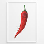 Indlæs billede til gallerivisning Watercolor red chili pepper wall art with handwritten text “I’m so hot,” minimalist kitchen décor framed in black for modern or rustic cooking spaces.
