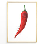 Indlæs billede til gallerivisning Watercolor red chili pepper wall art with handwritten text “I’m so hot,” minimalist kitchen décor framed in black for modern or rustic cooking spaces.
