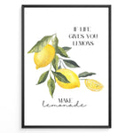 Indlæs billede til gallerivisning Watercolor lemon branch wall art with the quote “If life gives you lemons, make lemonade,” framed in black, ideal for uplifting kitchen or café décor.
