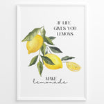 Indlæs billede til gallerivisning Watercolor lemon branch wall art with the quote “If life gives you lemons, make lemonade,” framed in black, ideal for uplifting kitchen or café décor.
