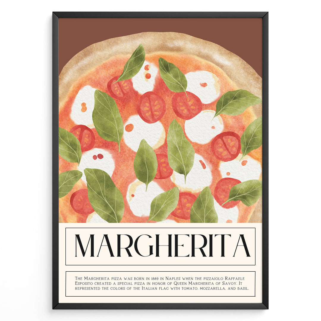 Watercolor Margherita pizza wall art with tomatoes, mozzarella, and basil on a brown background, framed in black, ideal for Italian kitchen or restaurant decoration.