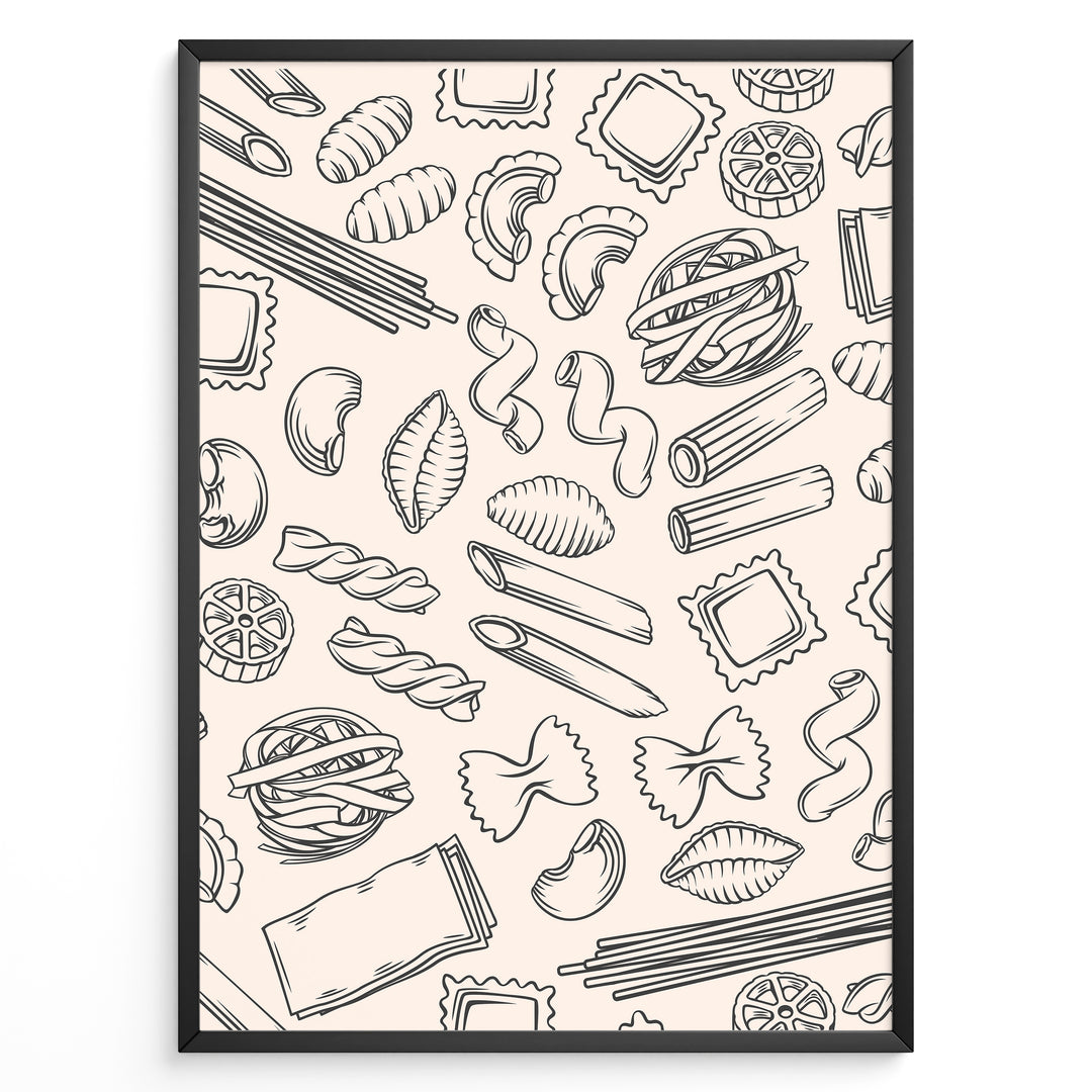 Minimalist pasta pattern wall art with hand-drawn line illustrations of penne, ravioli, fusilli, and spaghetti on a beige background, framed in black for modern kitchen décor.